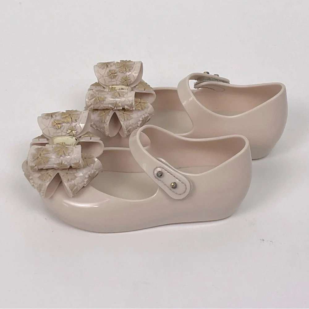 Mini Melissa Ultragirl Sweet Beige & Gold Maryjane style baby girl shoes, 7.